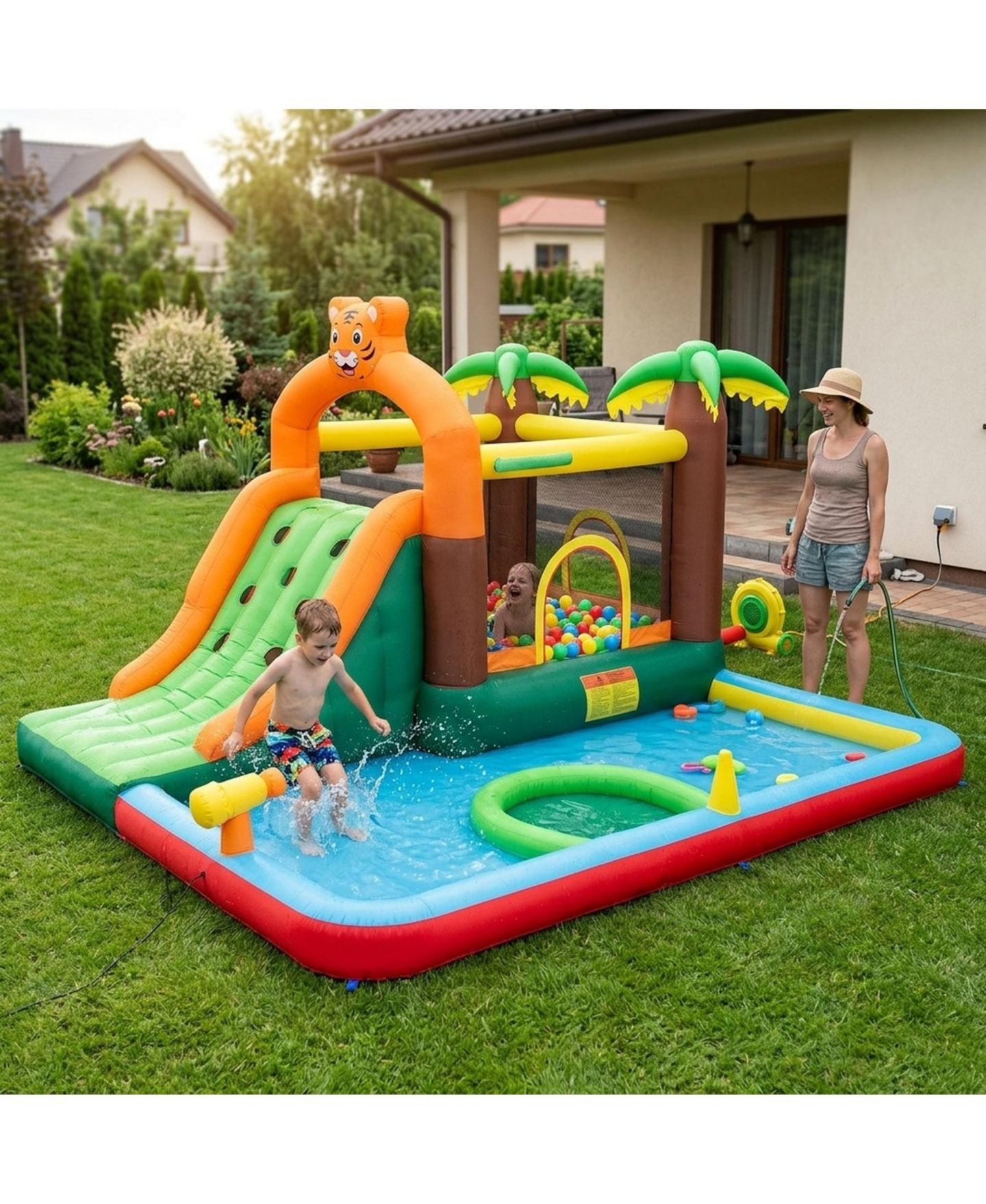 Детские игрушки HONGGE Tiger Inflatable Water Park Bounce House with Obstacle Course and Double Slides, 2 Blowers, Ages 3-12, цвет: Оранжевый — фото 3