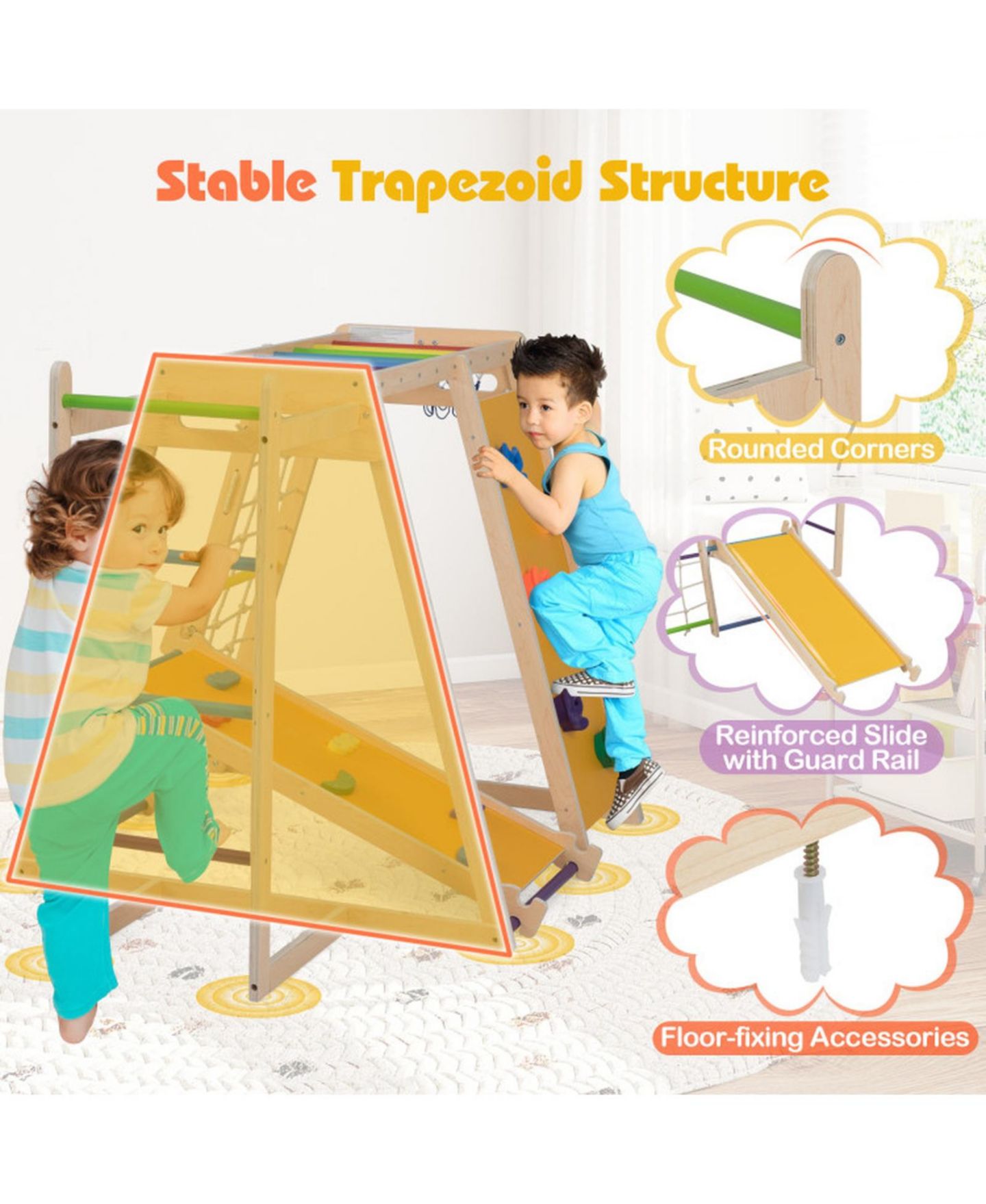 Детская игрушка HONGGE 6-in-1 Kids Indoor Jungle Gym with Slide and Climbing Wall Ages 3-14, цвет: Жёлтый — фото 7