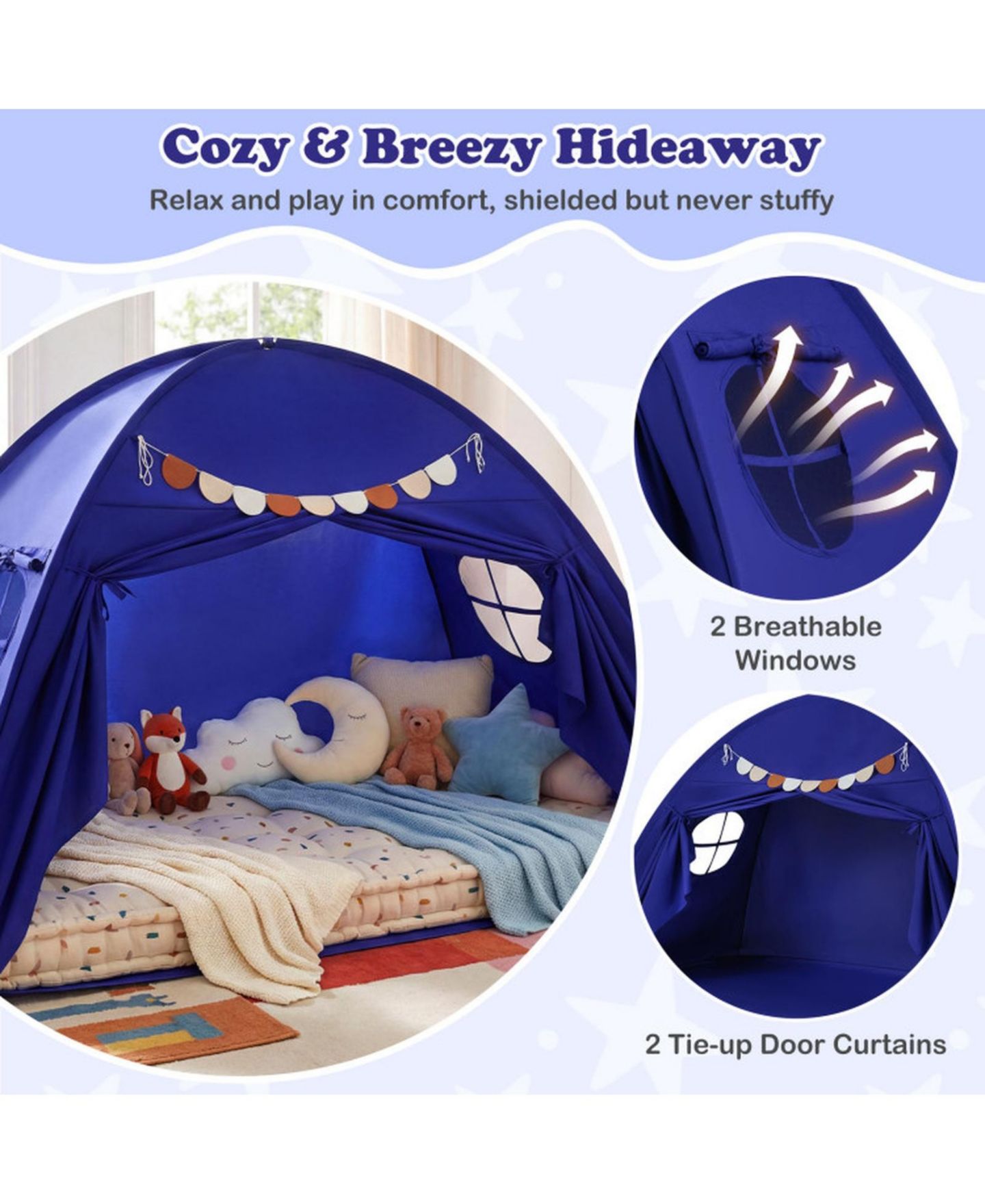 Детские игрушки HONGGE Two Windows Twin Bed Canopy Tent, 2-Piece, Ages 3+, цвет: Тёмно-синий — фото 5