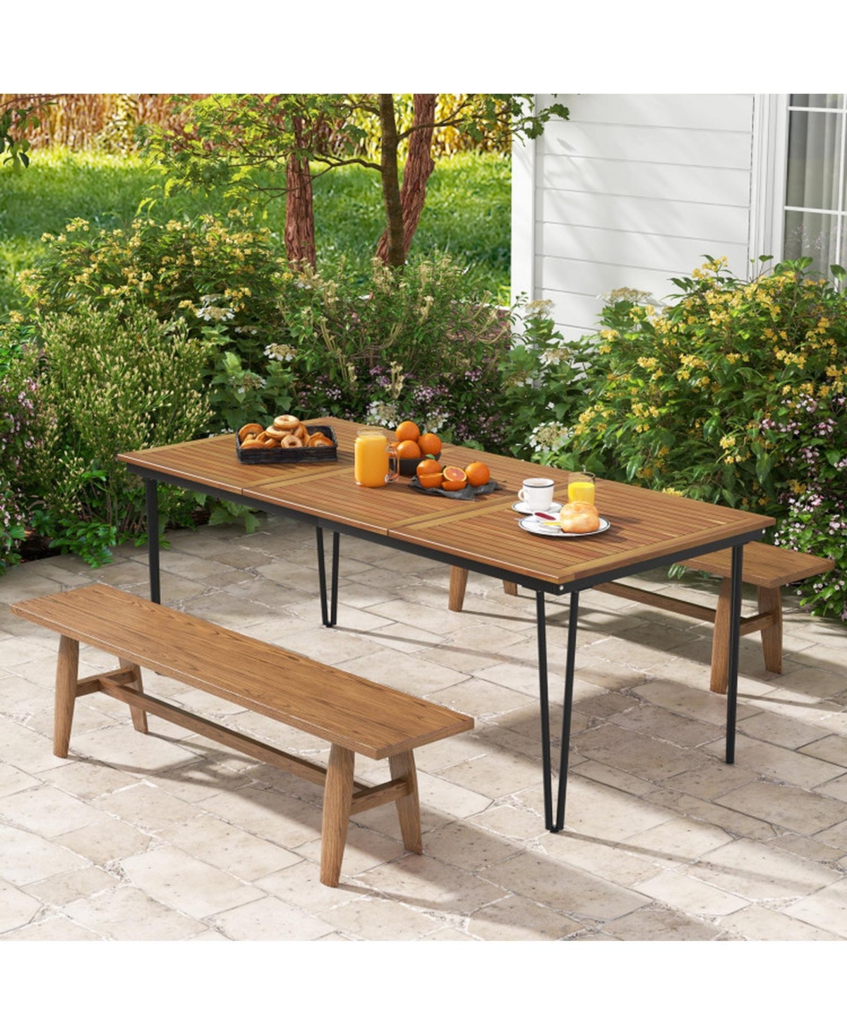 Gouun 79 in Acacia Wood Outdoor Dining Table for 8 with Umbrella Hole