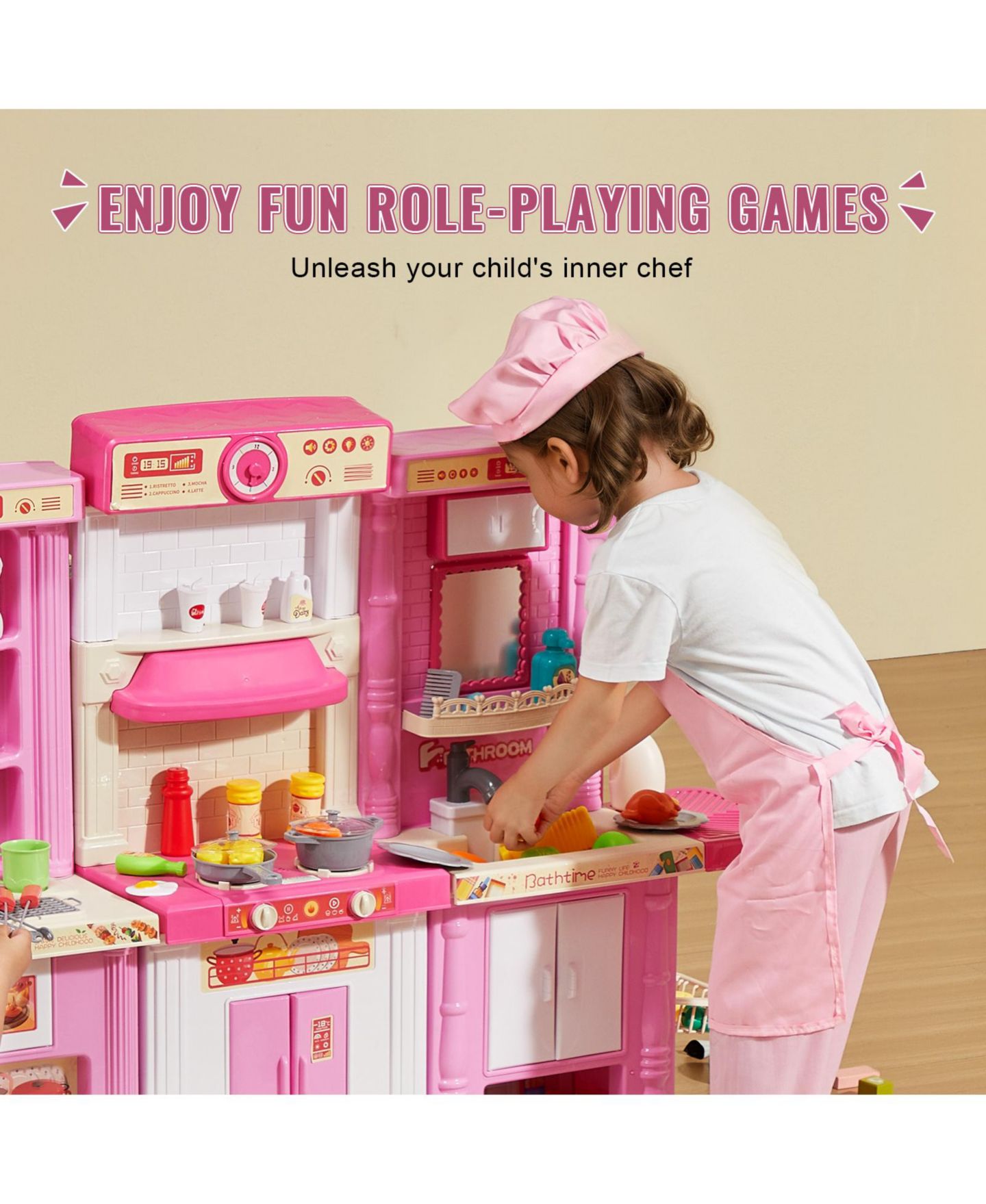 Детский игровой набор HONGGE 3-in-1 Kitchen Playset with Lights and Sounds, 74 Cooking Accessories, Ages 3+, цвет: Розовый — фото 9