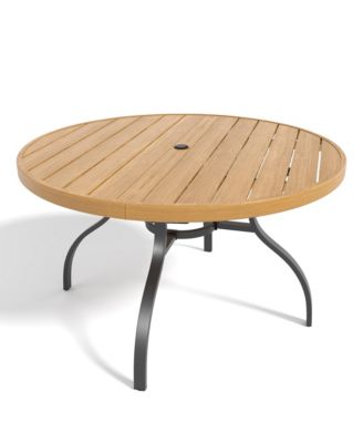47in Round Faux Wood Patio Table with Umbrella Hole, Rustproof Metal Leg Outdoor Dining Table