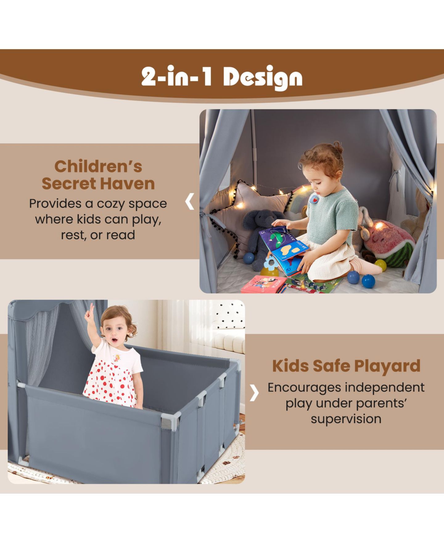 Детская игрушка SUGIFT 2-in-1 Play Tent and Playpen Yard with Star String Lights, Ages 3+, цвет: Серый — фото 4