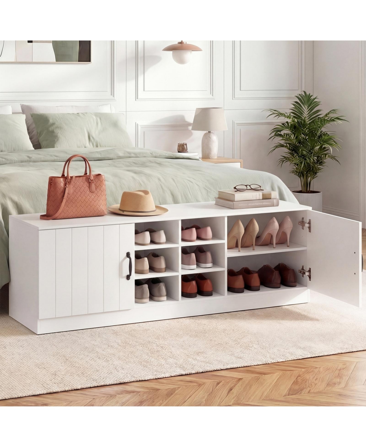 Sugift 2-Door Shoe Bench Storage Cabinet with Adjustable Shelves