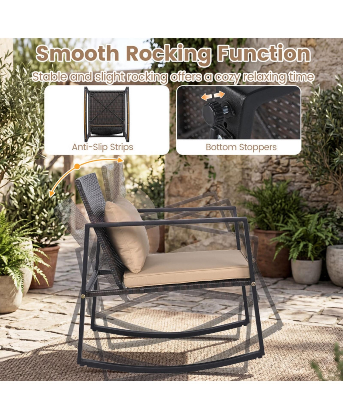 Sugift 3-Piece Outdoor Rocking Bistro Set with Soft Cushions and Tempered Glass Table