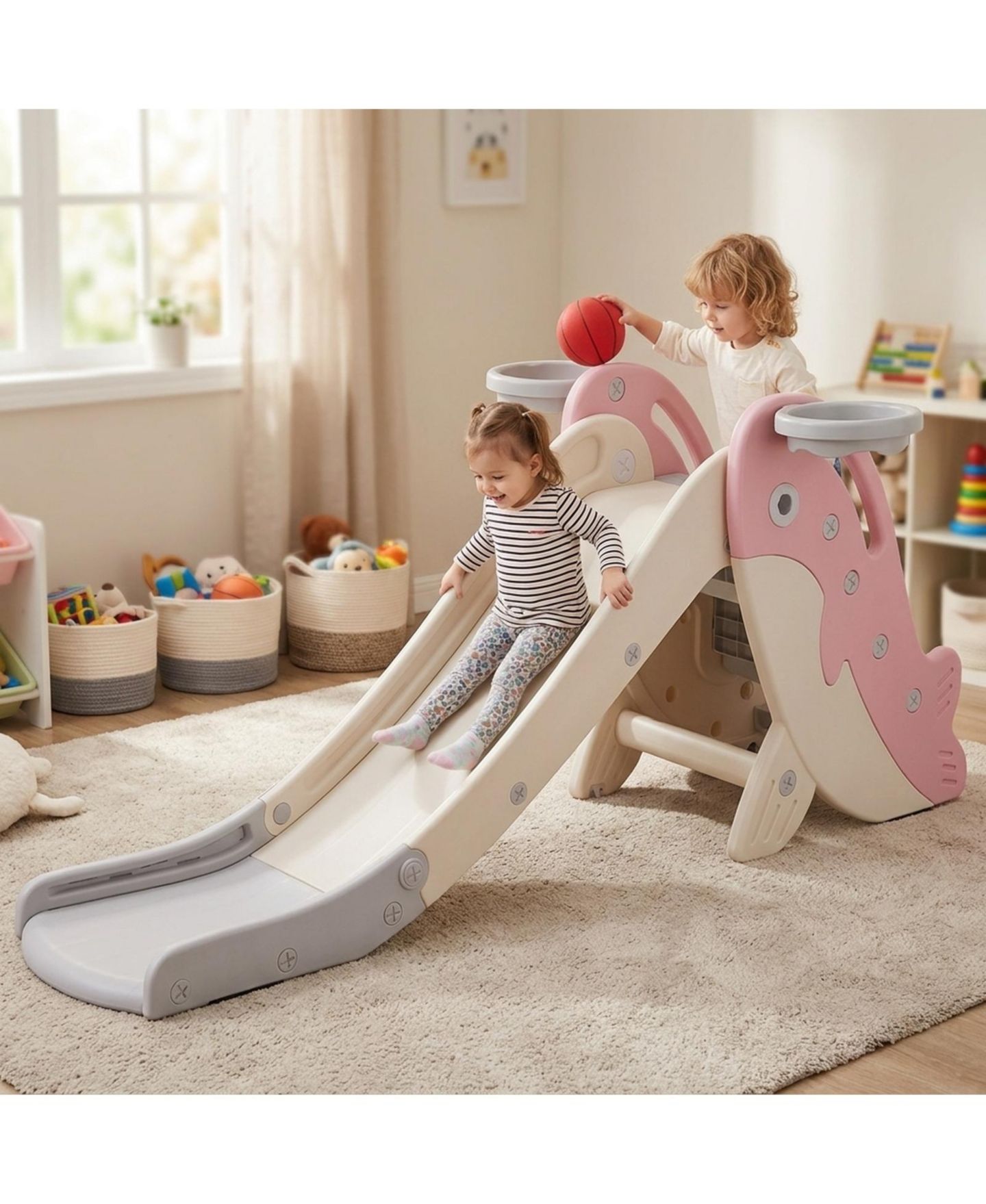 Детский игровой набор SUGIFT 4-in-1 Foldable Whale Design Slide Playset, 160 lbs Capacity, Ages 3+, цвет: Розовый — фото 2