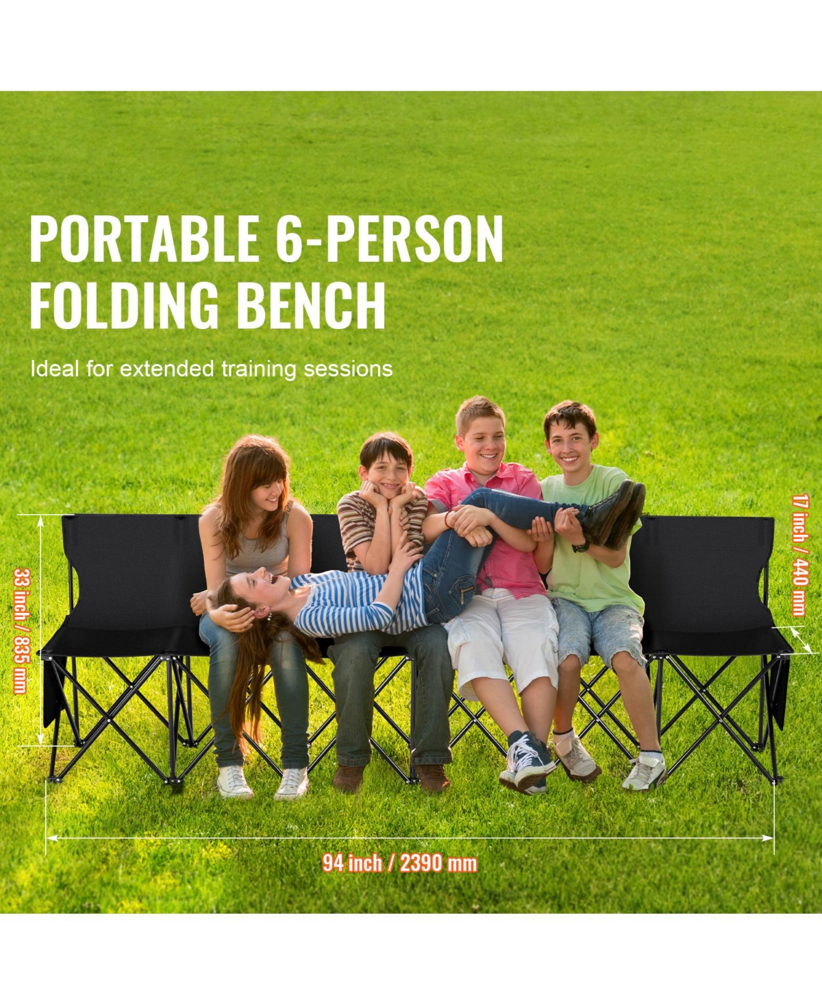 Hongge 6 Seat Foldable Sideline Bench 94 in with Back Rest and Storage Pockets for Sports and Camping
