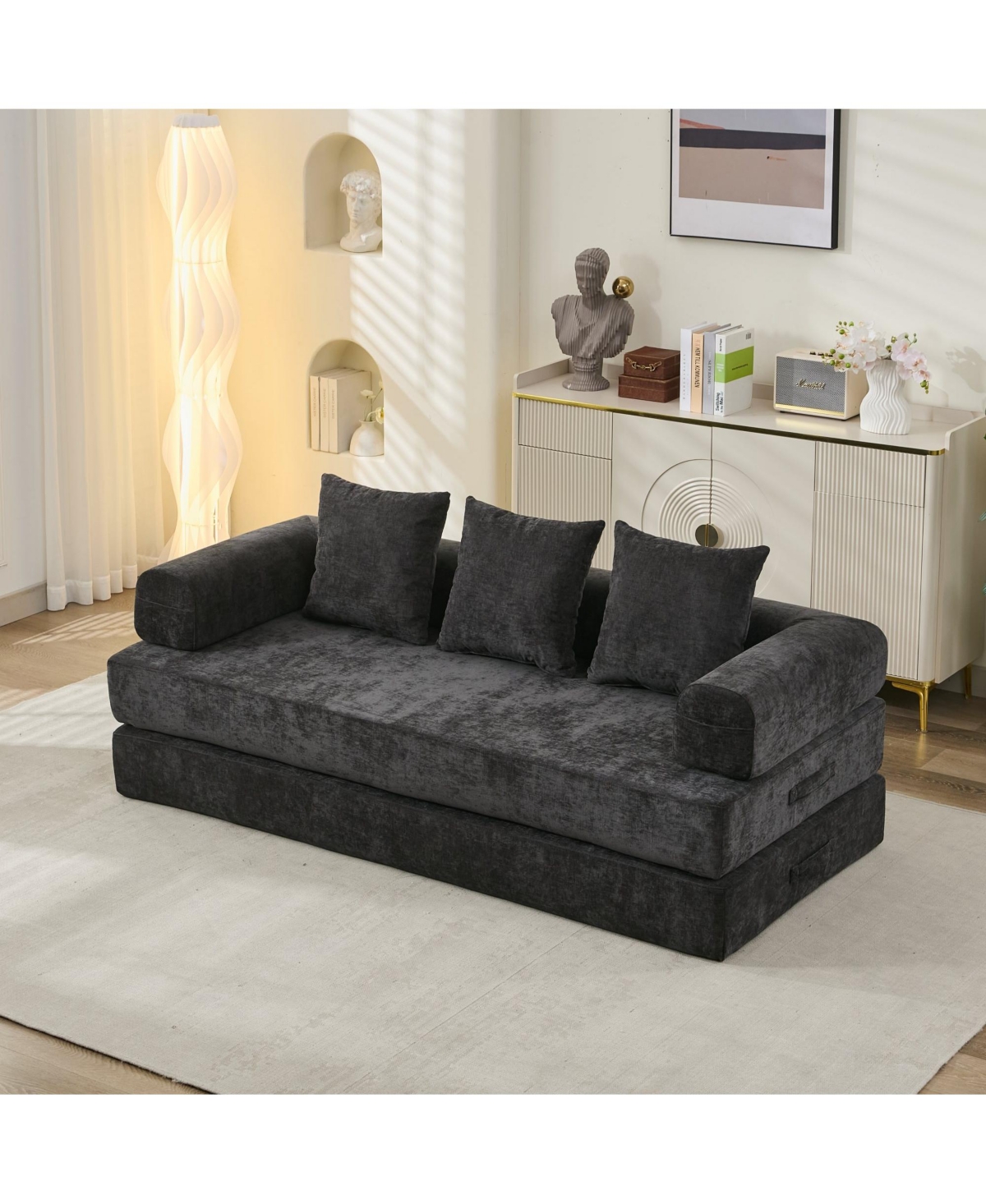Clihome Convertible Folding Mattress Couch, Chenille Floor Sofa with Armrest, Floor Sofa Lounge Couch