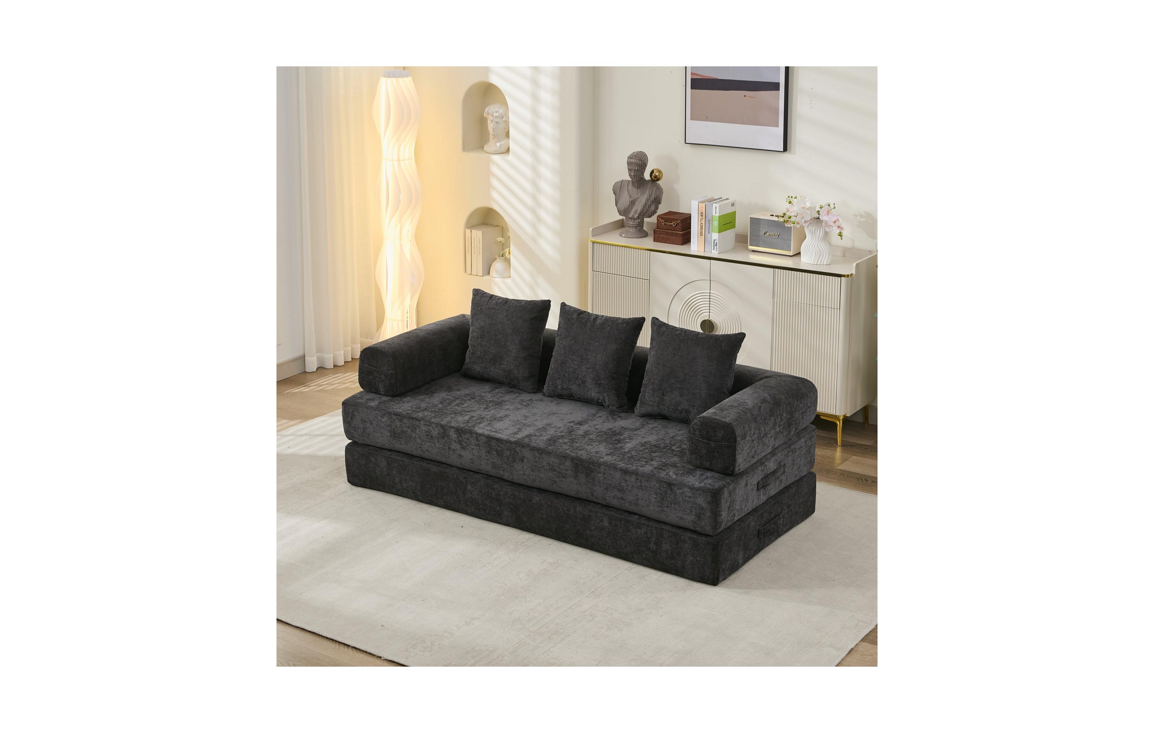 Clihome Convertible Folding Mattress Couch, Chenille Floor Sofa with Armrest