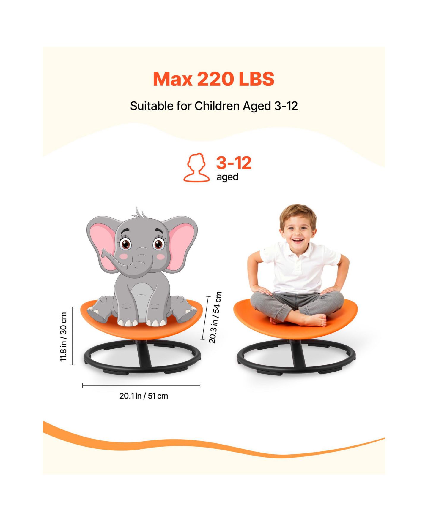 Детская игрушка HONGGE Sensory Spinning Chair with Non-Slip Metal Base, Builds Balance and Core Control, Ages 3-12, цвет: Оранжевый — фото 2