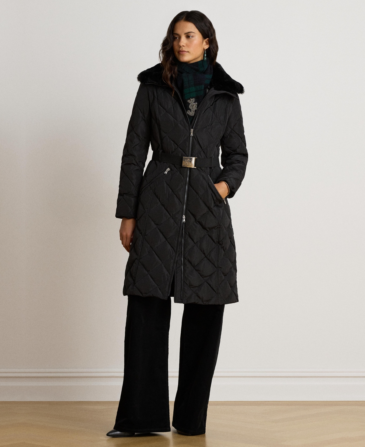 Lauren Ralph Women's Belted Quilt with Fur Collar Coat