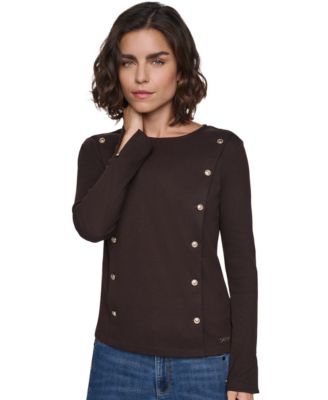 Petite Ribbed Long-Sleeve Button-Detail Knit Top