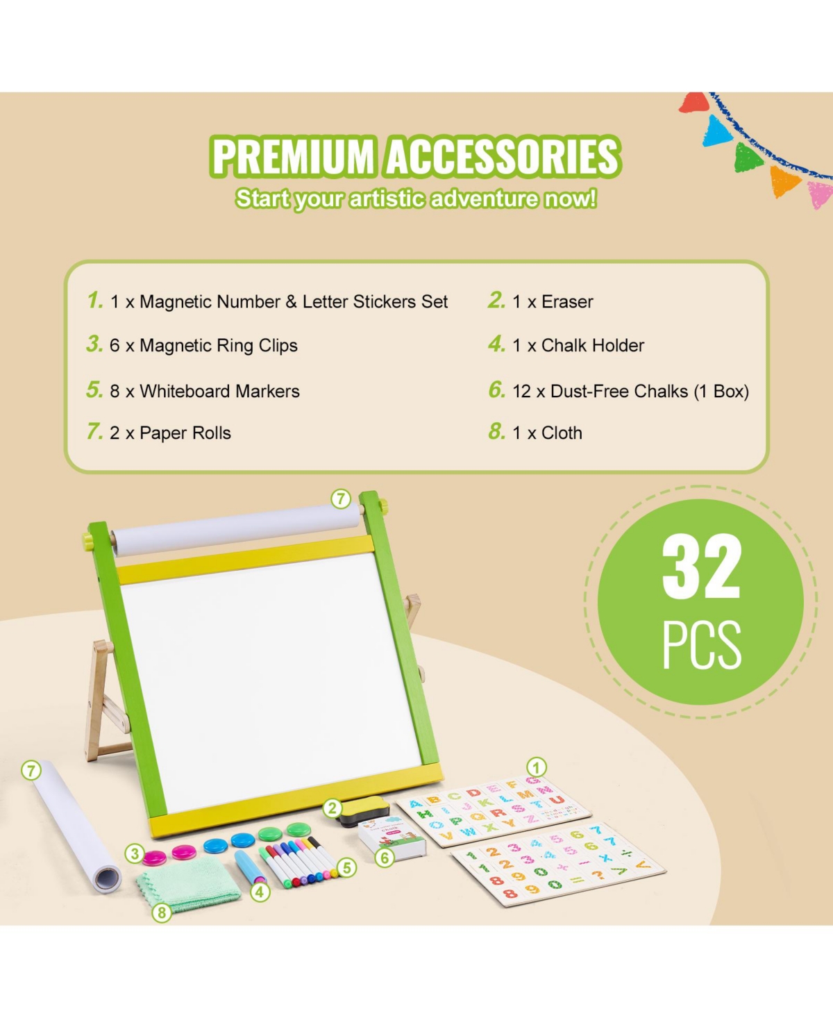 Sugift 3-in-1 Wooden Double-Sided Kids Art Easel with Magnetic Board Chalkboard Paper Roll Foldable