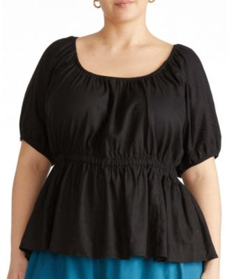 Plus Size Andrea Linen-Blend Short-Sleeve Peplum Top