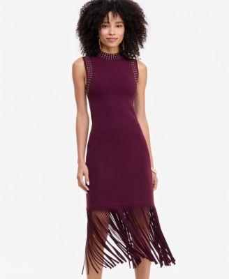 Women's Sleeveless Midi Fringe-Trim Sweater Dress