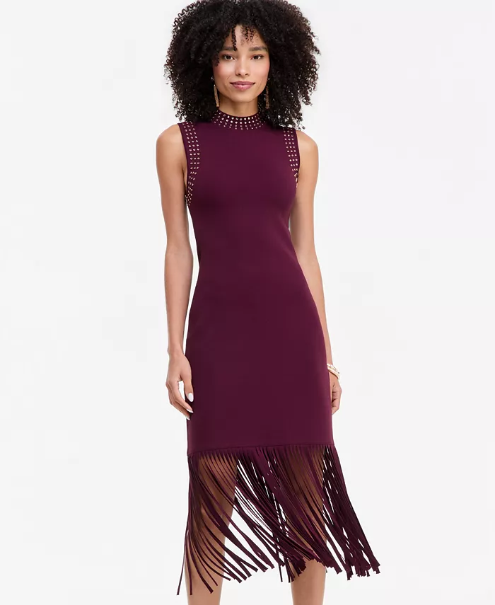 Women's Sleeveless Midi Fringe-Trim Sweater Dress