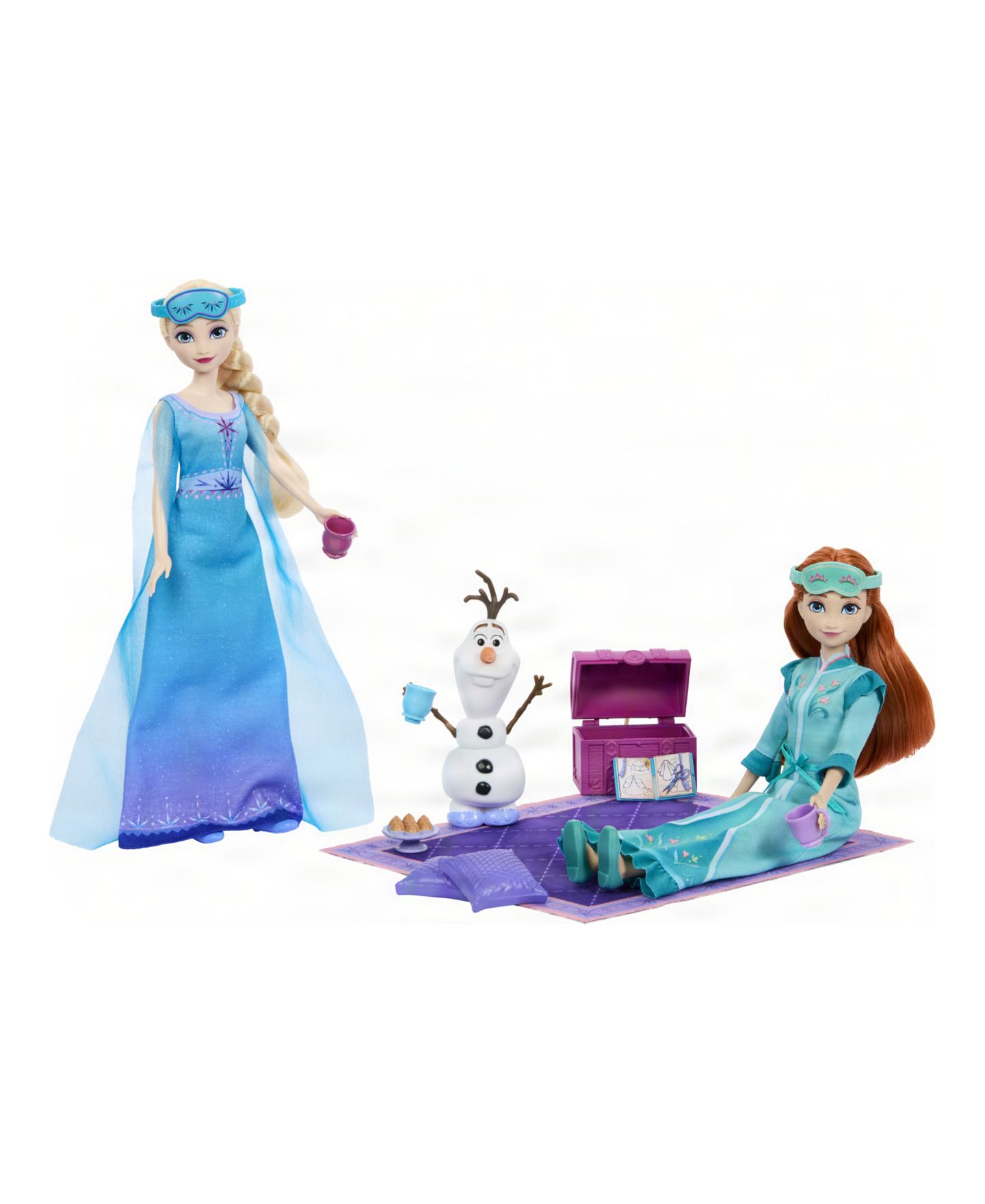 Детские куклы Disney Princess Frozen Slumber Sister Set with Anna, Elsa, and Olaf Posable Fashion Dolls with 14 Accessories, Ages 3+ — фото 3