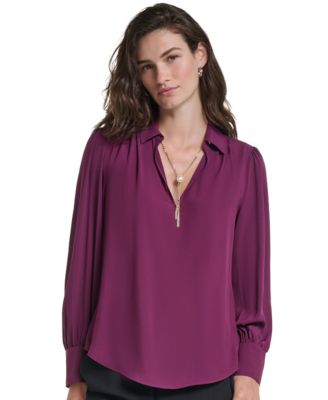 Women's Long-Sleeve Collared Tassel-Detail Blouse