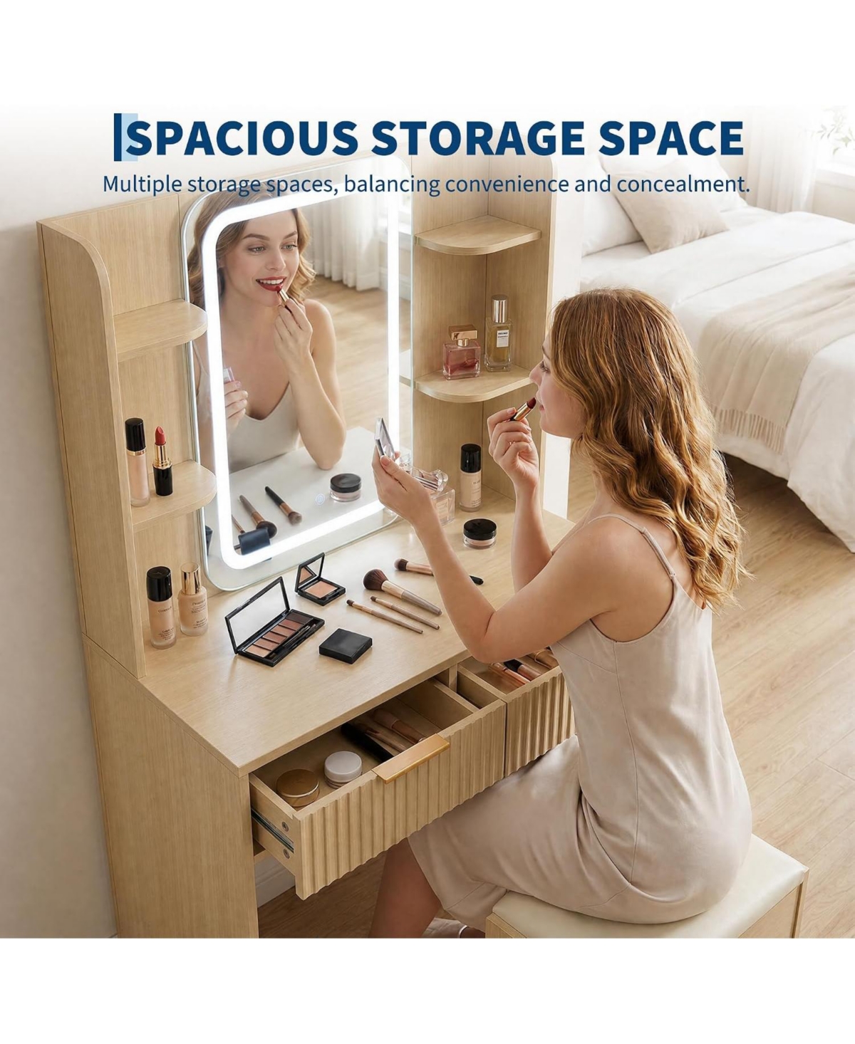 Gaomon Vanity Desk with Mirror and Led Light,Makeup Dressing Table Set Charging Station, Drawers Storage, Bedroom Makeup
