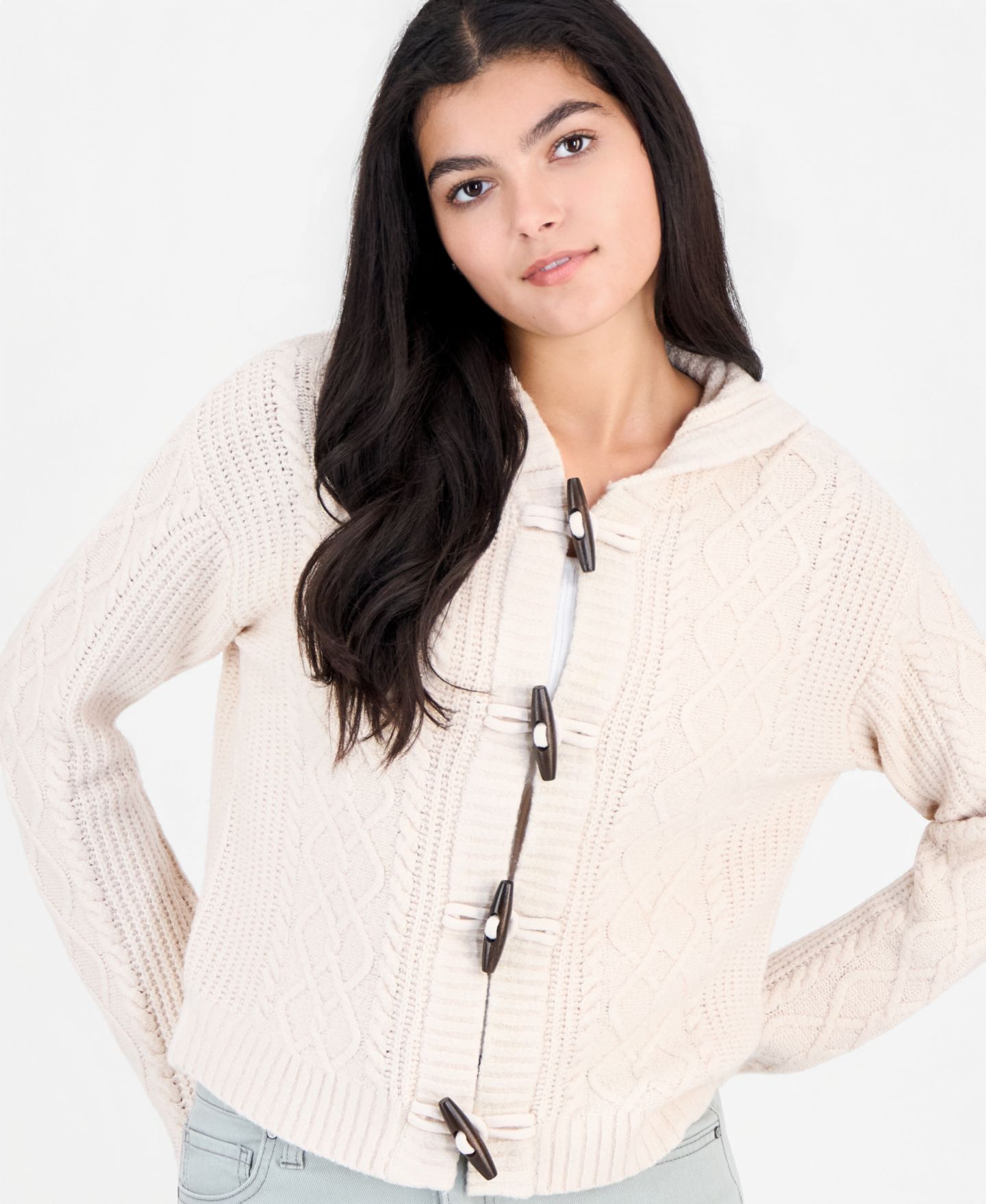 Женский кардиган Madden Girl Juniors' Cable-Knit Hooded Toggle-Front, цвет: Овсяный — фото 4