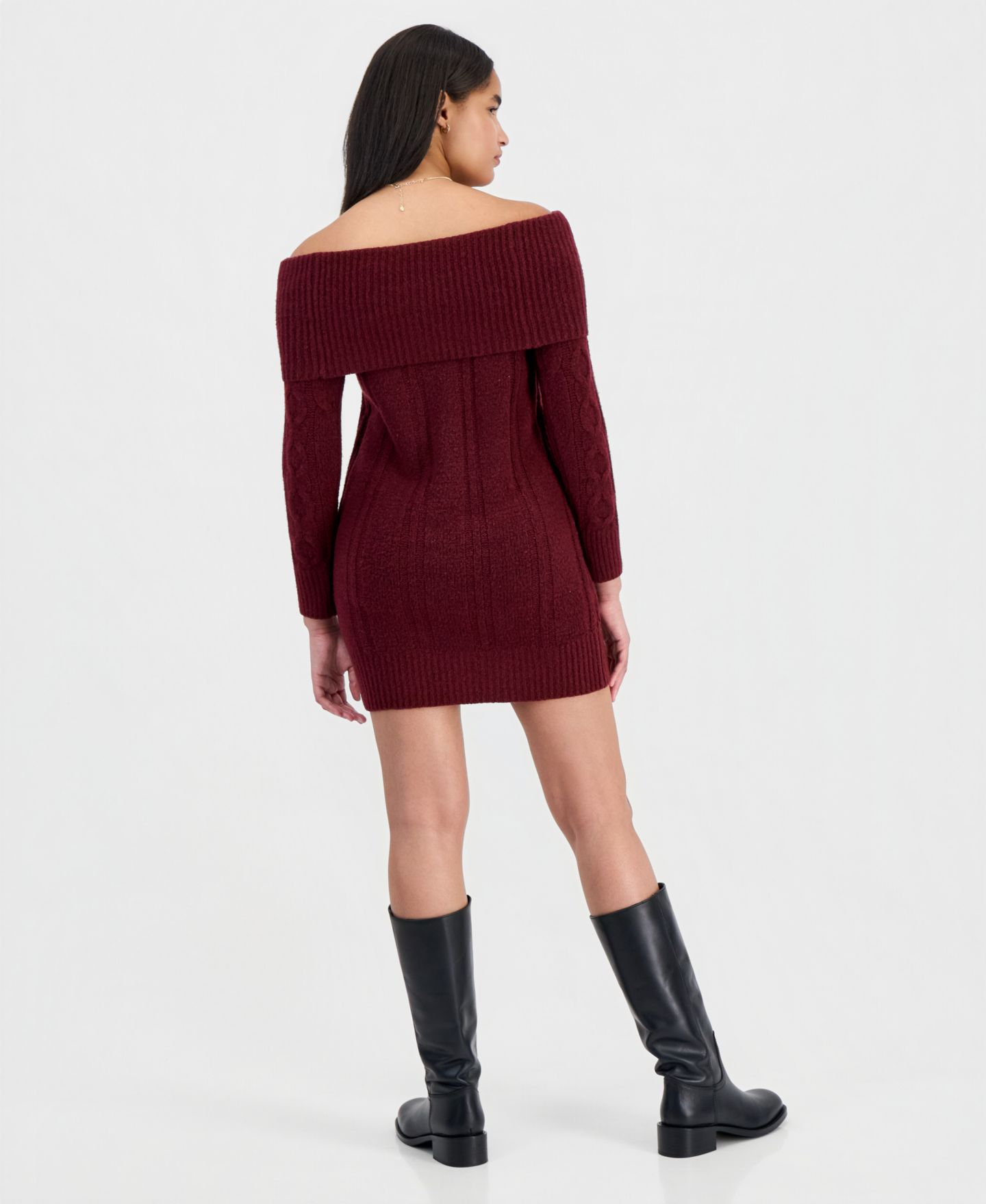 Женское платье Madden Girl Juniors' Marilyn Cable-Knit Off-the-Shoulder Mini Sweater Dress, цвет: Бордовый — фото 2