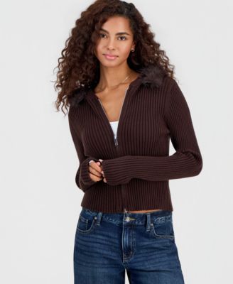 Juniors' Full-Zip Hooded Faux Fur Trim Cardigan