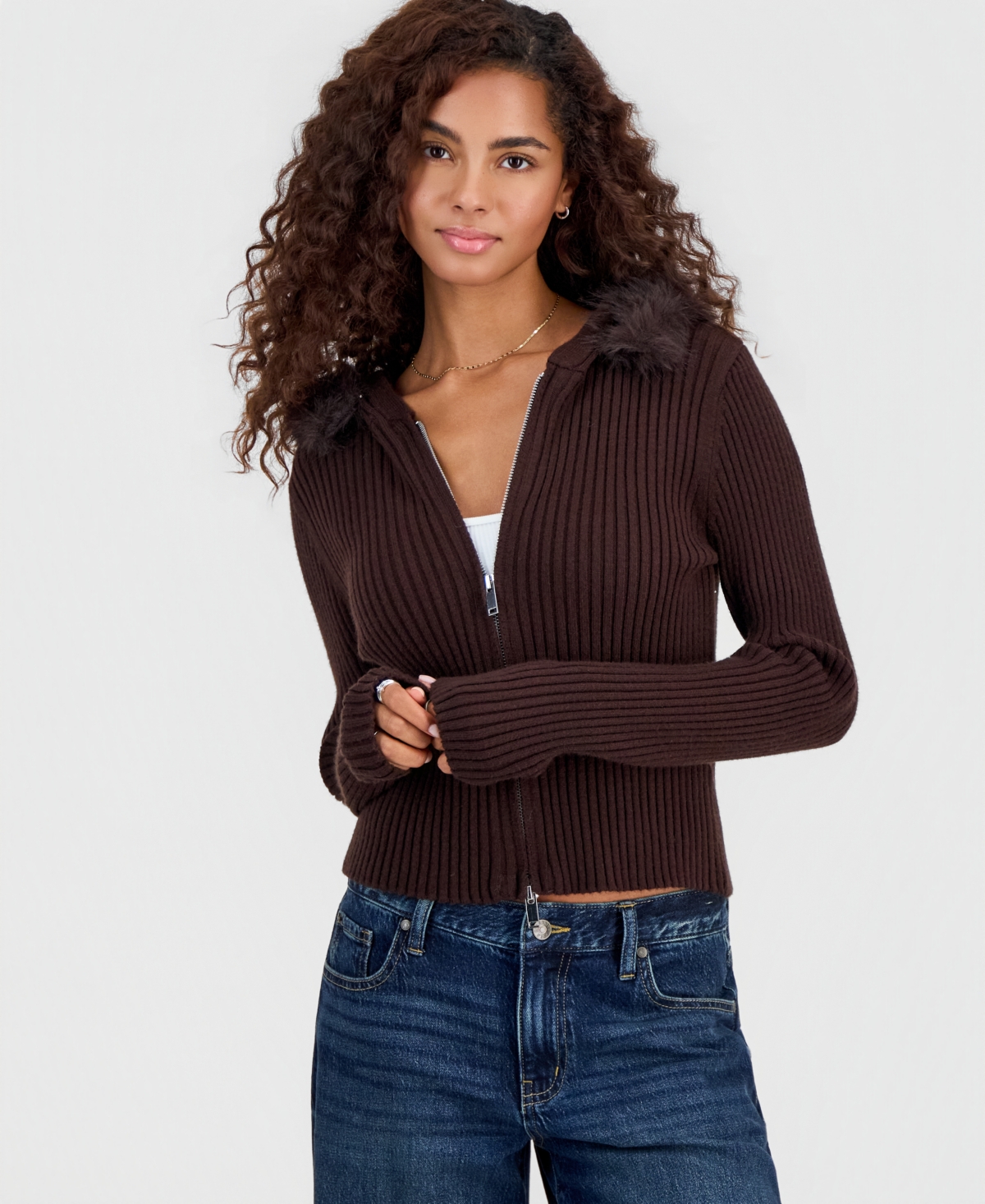 Madden Girl Juniors' Full-zip Hooded Faux Fur Trim Cardigan In Chocolate Brown