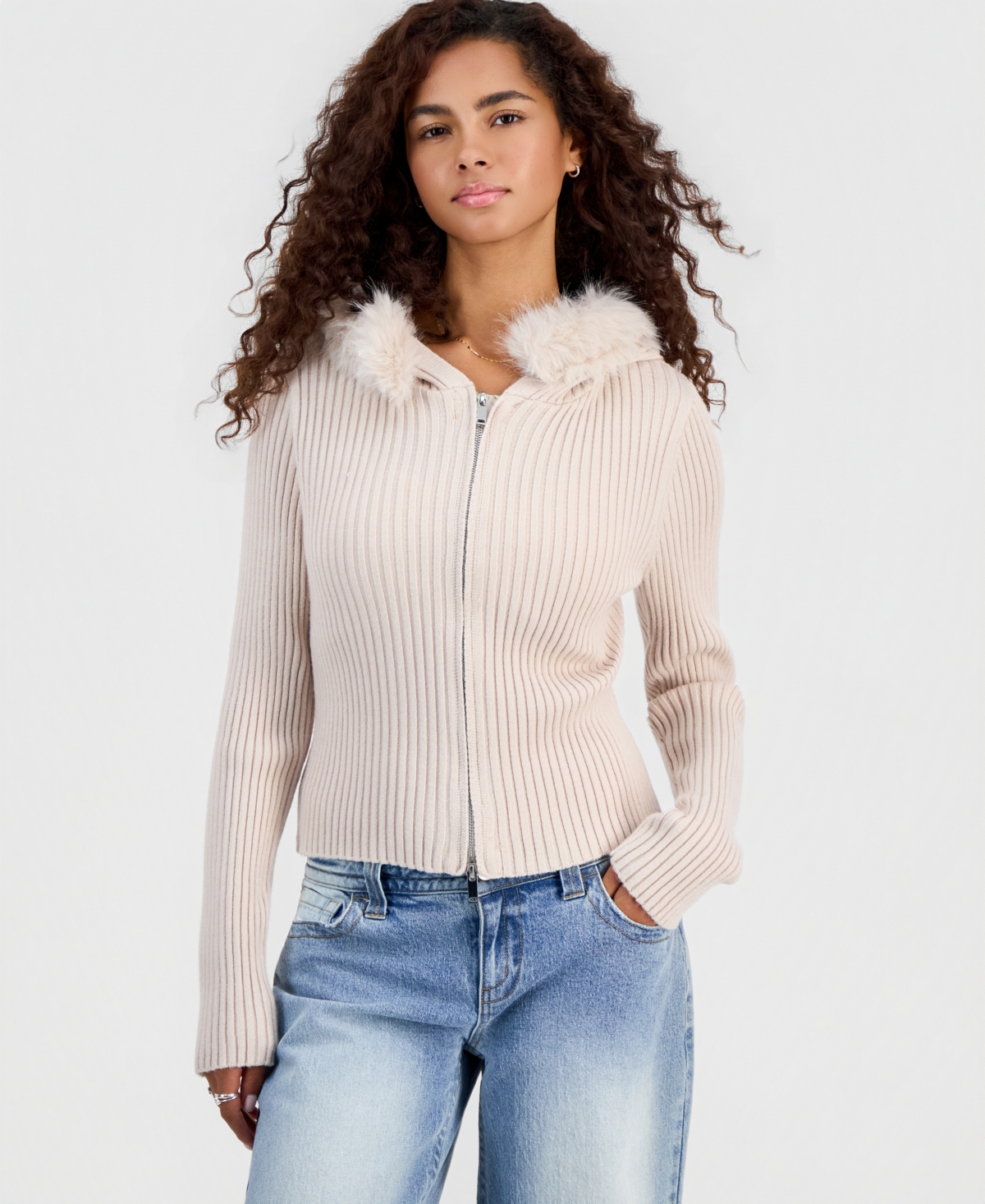Madden Girl Juniors' Full-zip Hooded Faux Fur Trim Cardigan In Oat Milk