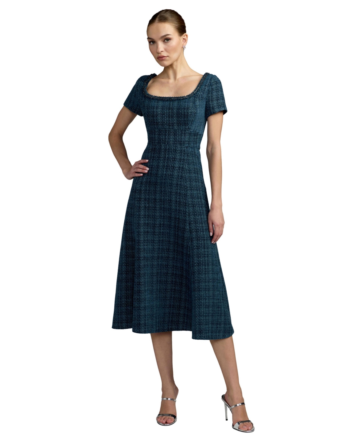 Ieena for Mac Duggal - Teal Short Sleeve Embellished Boucle Midi Dress - US 4