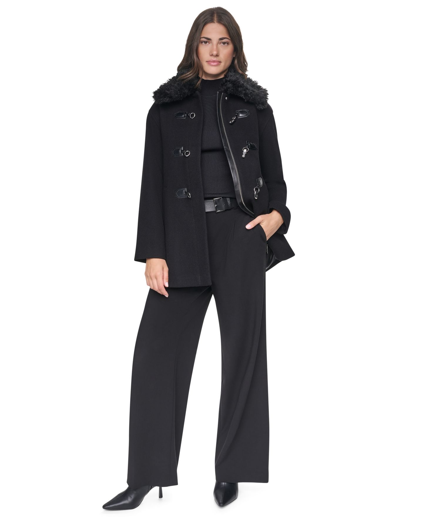 Женское пальто DKNY Faux-Fur Collared Wool-Blend Mid-Length, цвет: Чёрный — фото 5