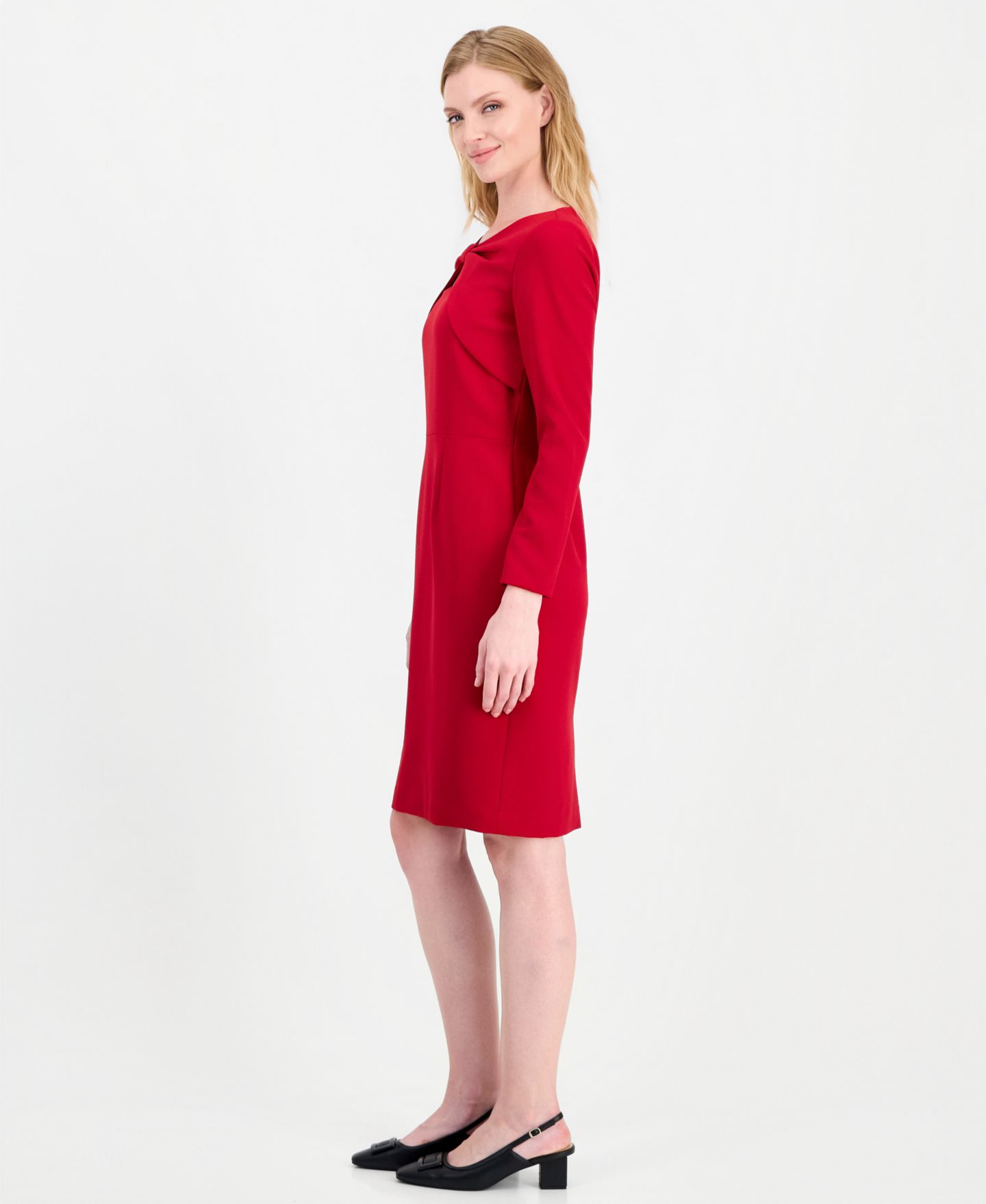 Женское платье Kasper Petite Twist-Front Long-Sleeve Knee-Length, цвет: Красный — фото 2