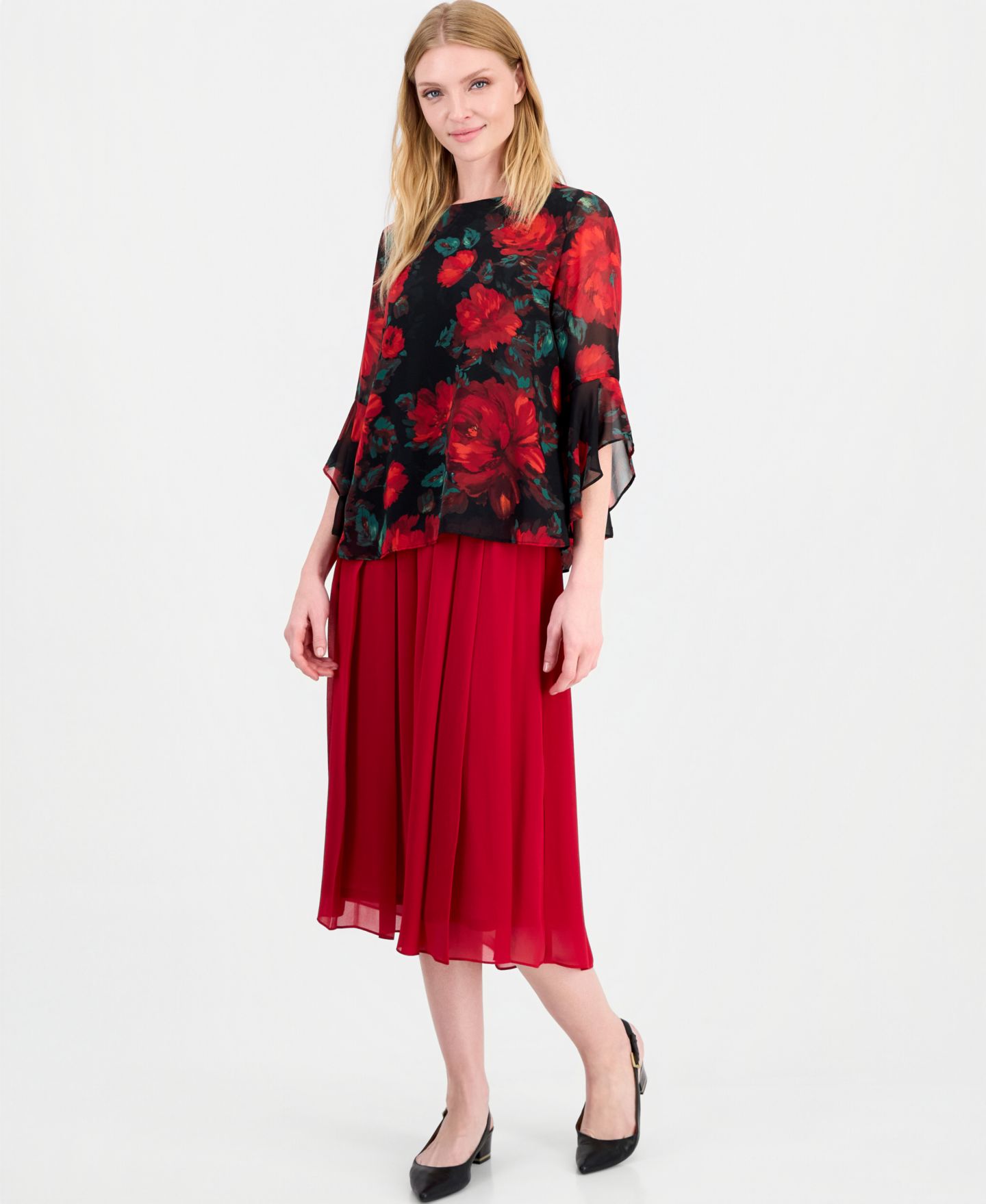 Женская блузка Kasper 3/4 Sleeve Floral Print Ruffle Sleeve Blouse, цвет: Красный разноцветный — фото 2