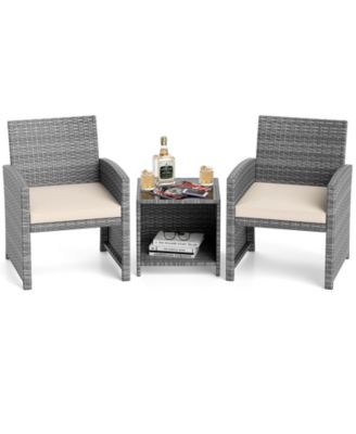 3-Piece Patio Wicker Chair and Coffee Table Set with Cushions
