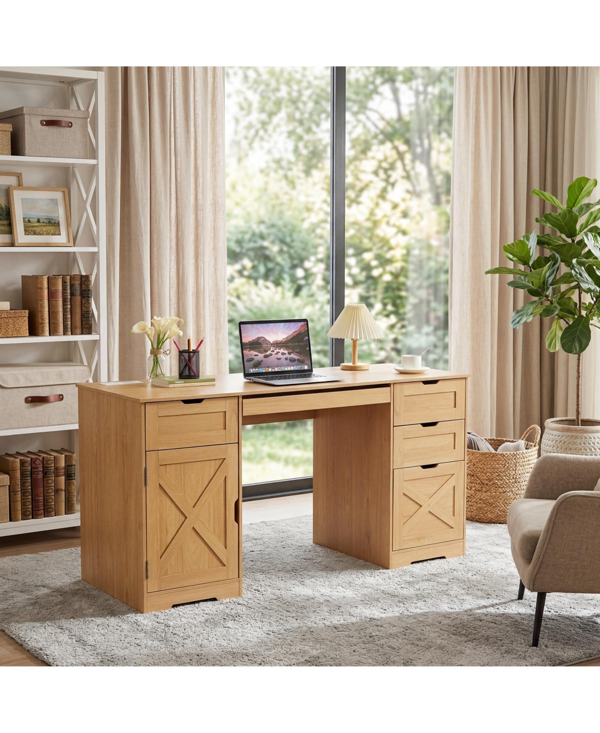 gaomon 59 Inch Office Desk with 4 Drawers Farmhouse Home Office Desk with Charging Station and Keyboard Tray/ Wooden Computer Desk