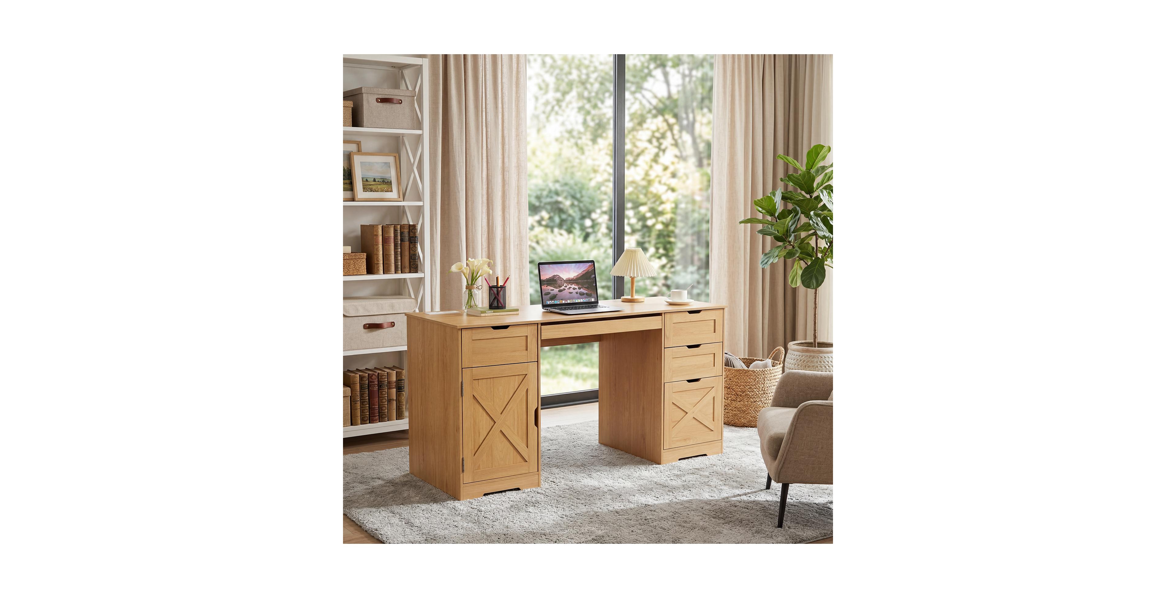 gaomon 59 Inch Office Desk with 4 Drawers Farmhouse Home Office Desk with Charging Station and Keyboard Tray/ Wooden Computer Desk