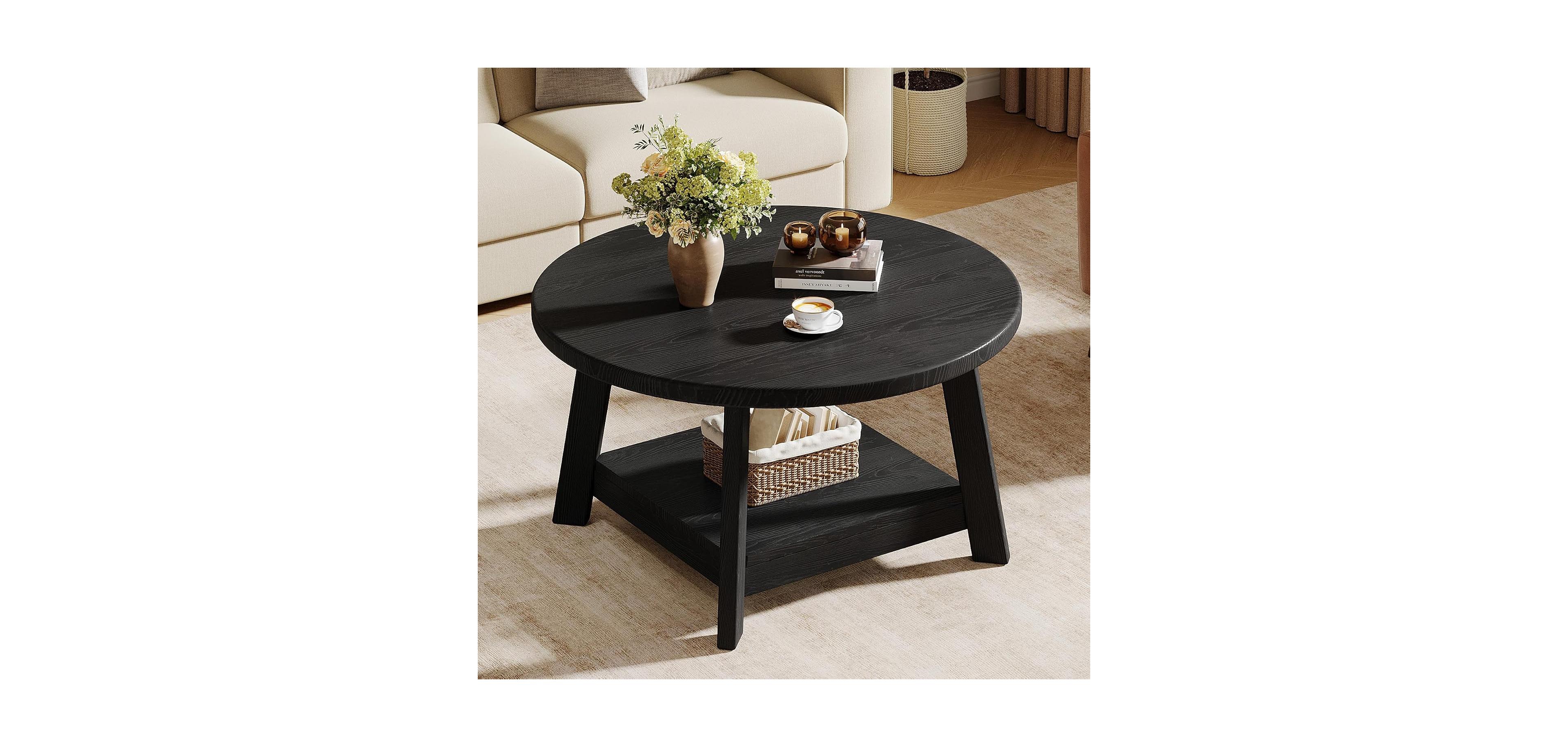 Tribesigns Solid Wood Round Coffee Table, Wooden 2-Tier Circle
