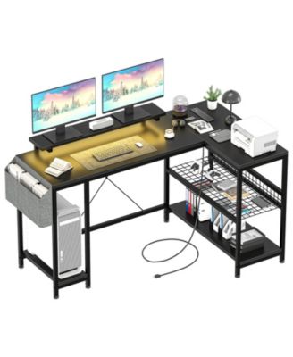 49" L Shaped Computer Desk with Power Outlet and LED Lights,Reversible Corner Writing Table,Storage Shelves, Monitor Stand