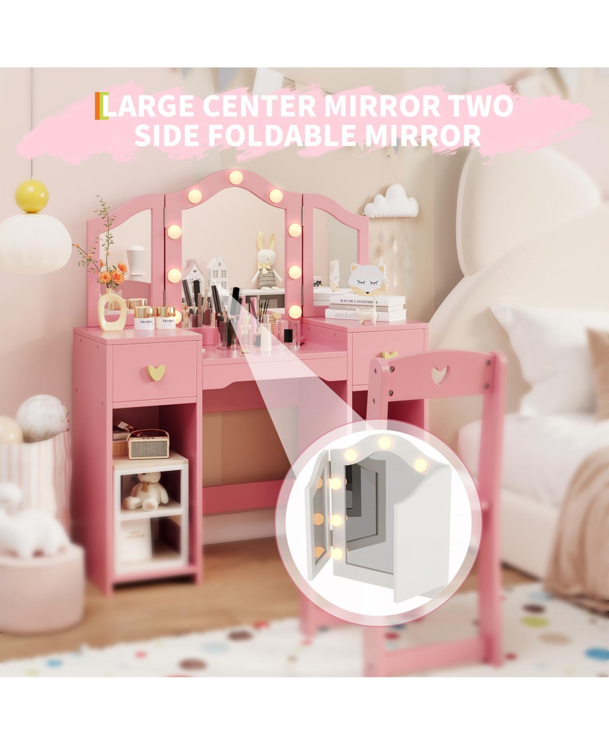 gaomon Kids Princess Vanity Table and Chair Set, Makeup Dressing with Mirror Lights, Toddler Pretend Play Beauty Toy for Girls
