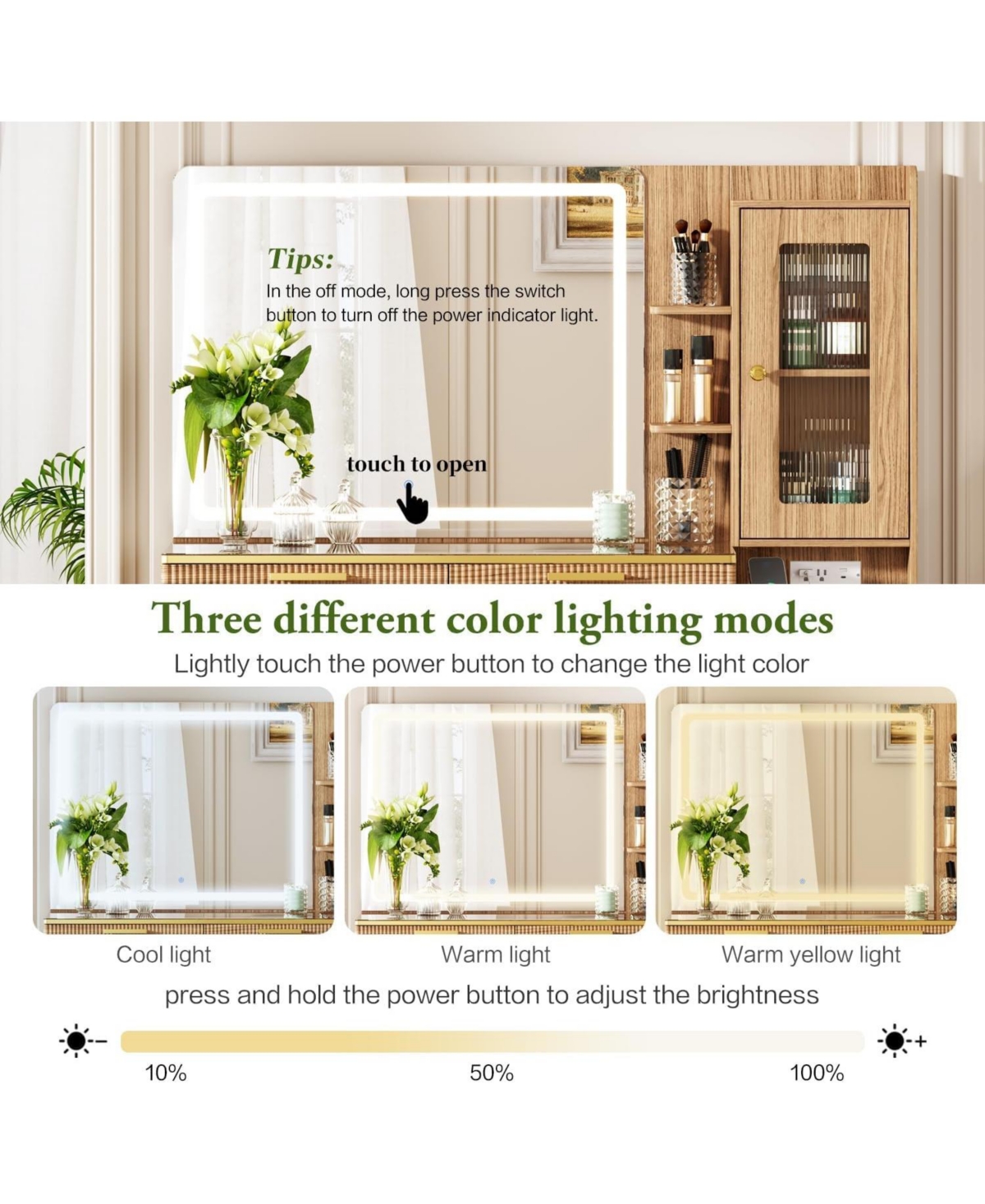 gaomon Vanity Desk with Led Mirror, 47" Makeup Table Charging Station, 5 Drawers and Detachable Side Cabinet