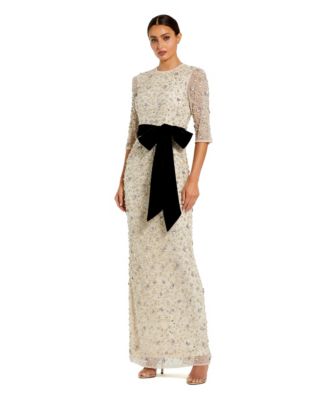 Women's Embellished Mesh Column Gown with Velvet Bow