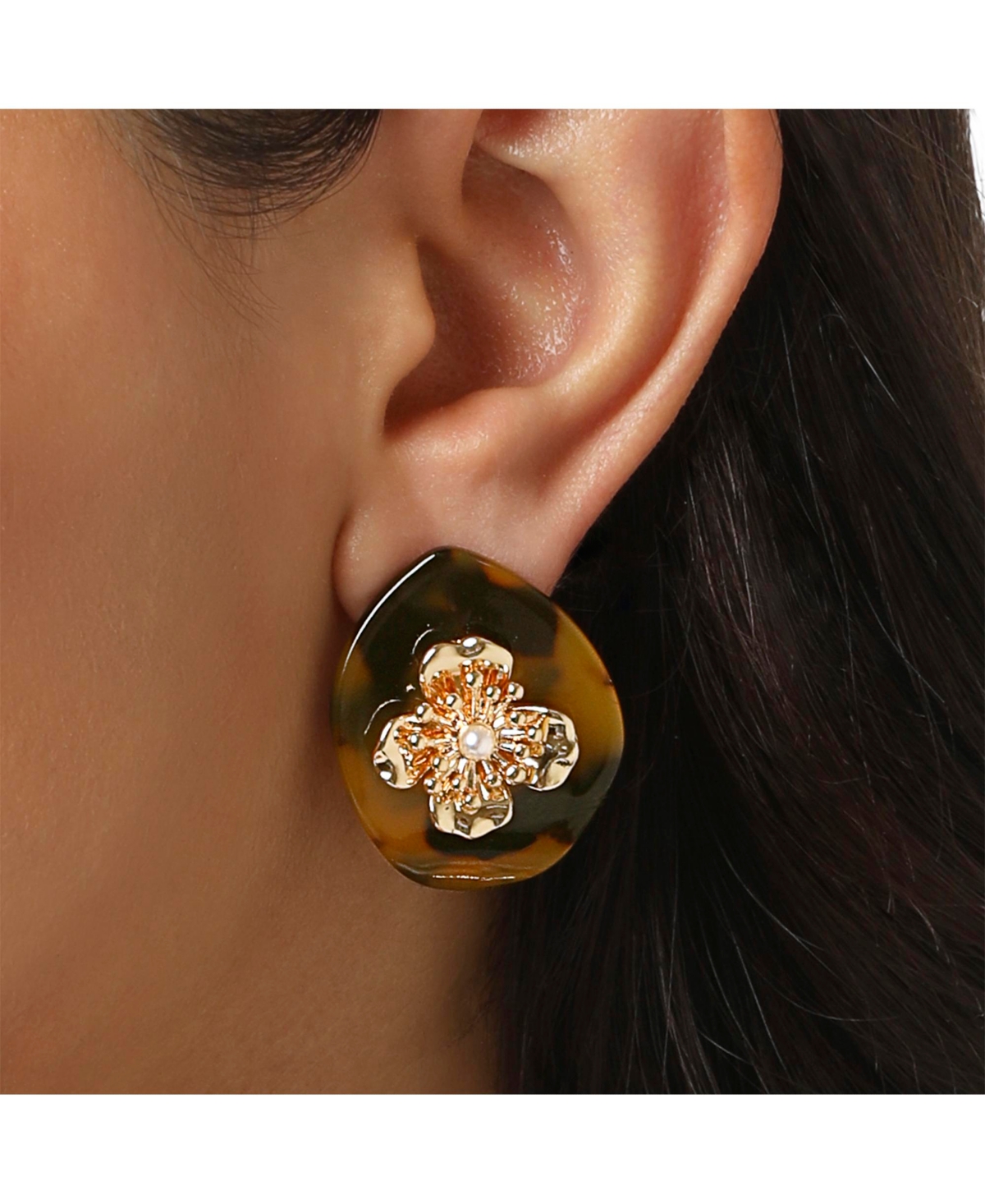 Jessica Simpson Leopard Acrylic Flower Stud Earrings, Gold-Tone Flower Earrings for Women