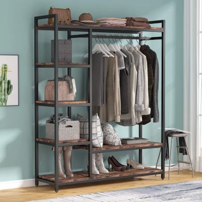 Heavy Duty Garment Rack with Shelves, Rustic