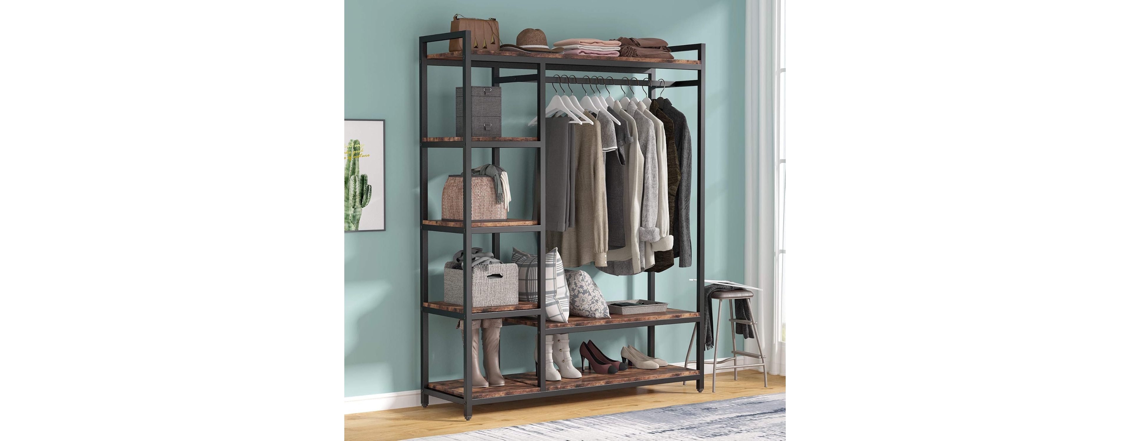 Tribesigns Heavy Duty Garment Rack with Shelves, Rustic