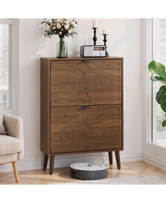 23.6-Inch Medieval Modern Shoe Storage Cabinet, Freestanding Farmhouse Entryway Organizer with 2 Flip Drawers and Solid Wood Legs