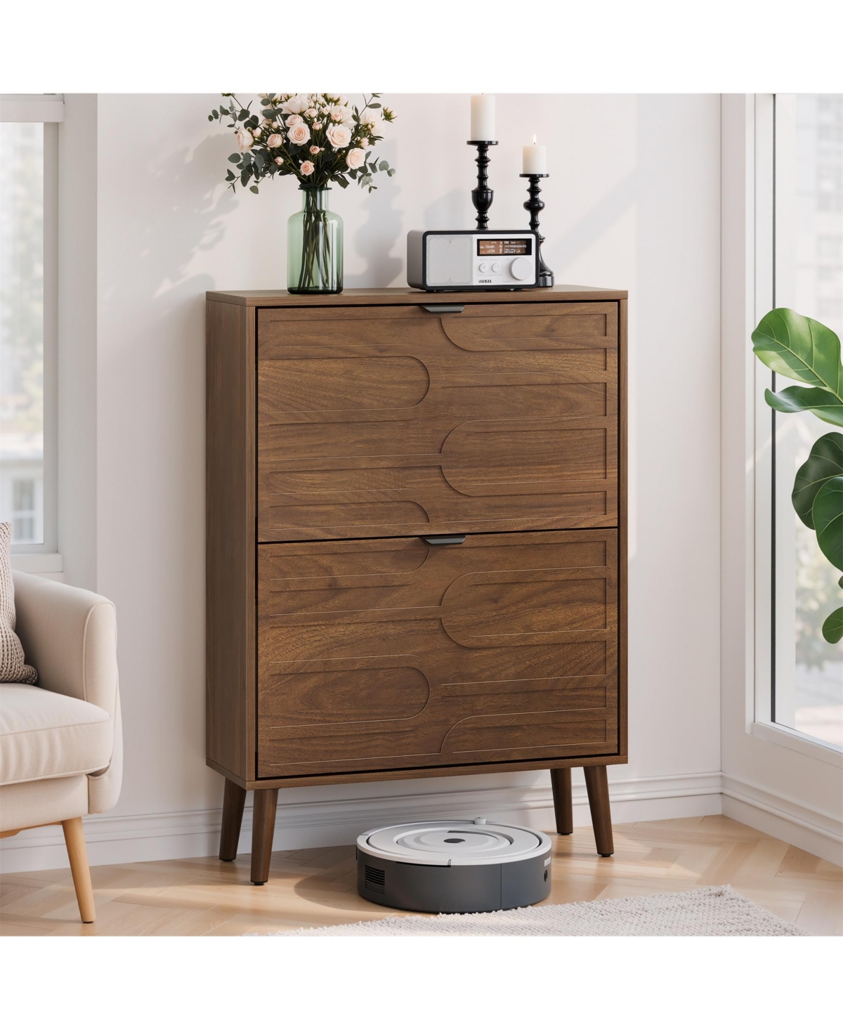 Boyel Living 23.6-Inch Medieval Modern Shoe Storage Cabinet, Freestanding Farmhouse Entryway Organizer with 2 Flip Drawers and Solid Wood Legs