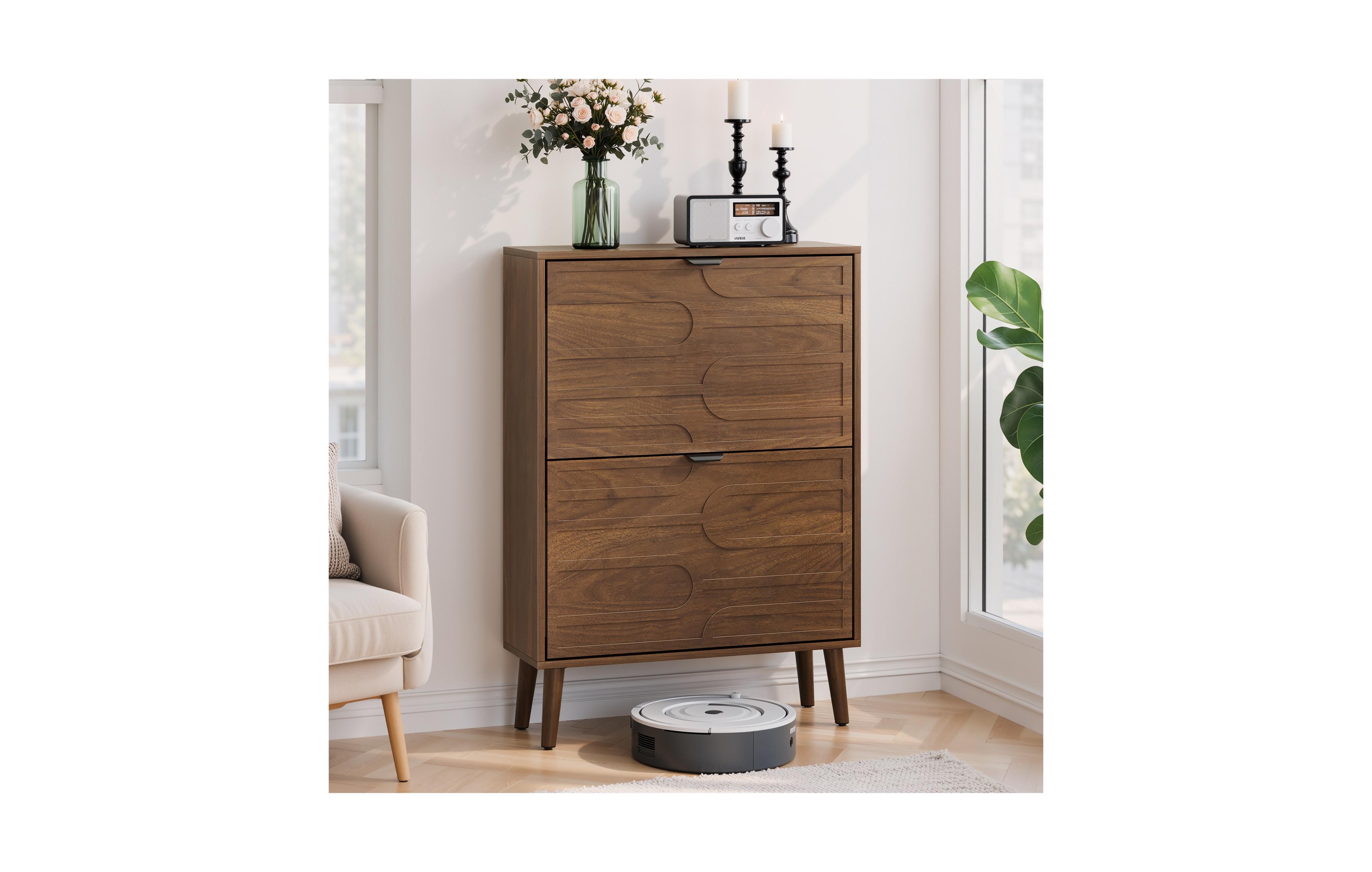 Boyel Living 23.6-Inch Medieval Modern Shoe Storage Cabinet, Freestanding Farmhouse Entryway Organizer with 2 Flip Drawers and Solid Wood Legs