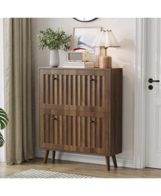 31.5-Inch Mid-Century Modern Shoe Cabinet, Freestanding Entryway Storage with Vertical Grooved Finish and 2 Flip Drawers for Hallway