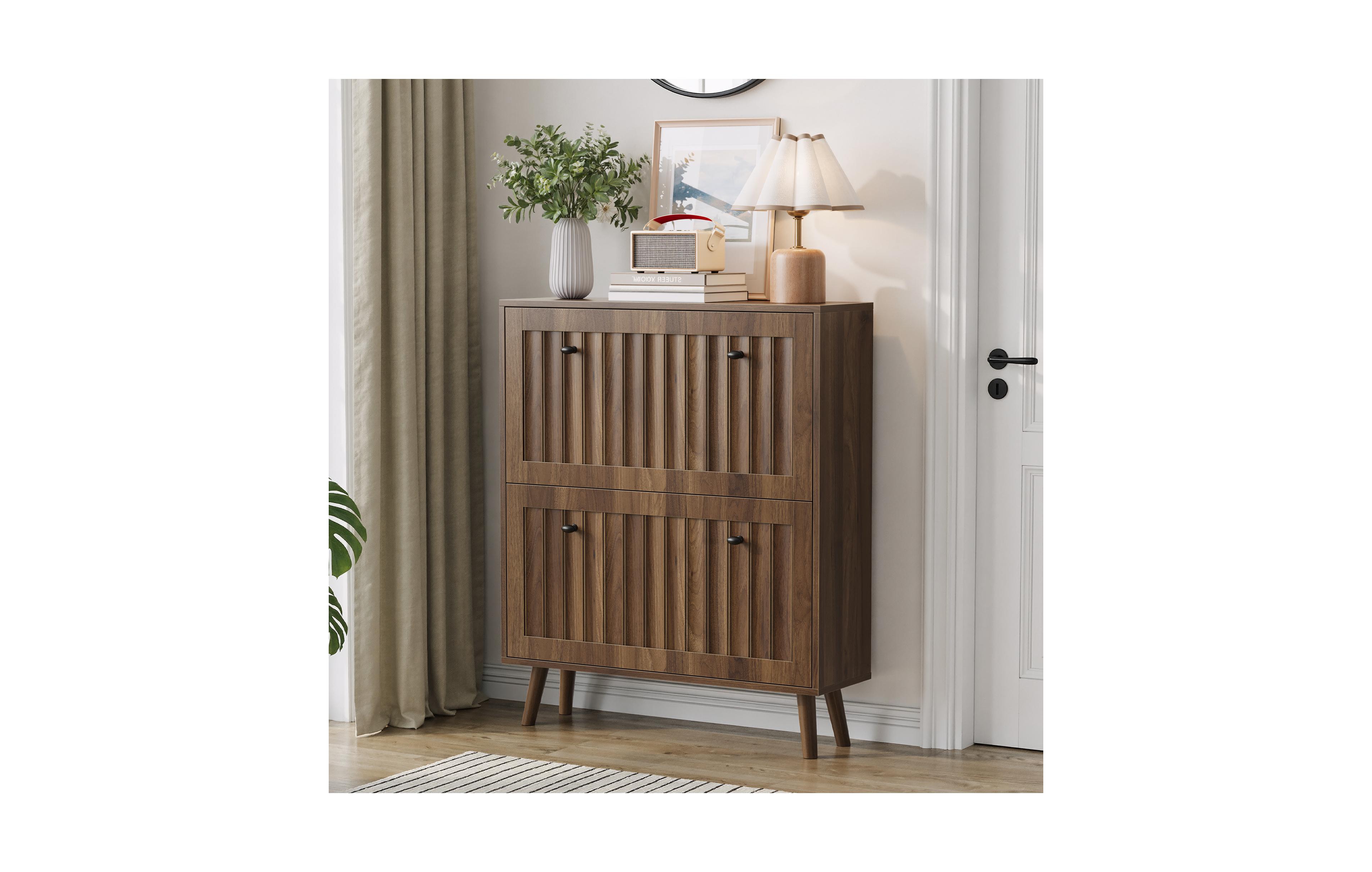 Boyel Living 31.5-Inch Mid-Century Modern Shoe Cabinet, Freestanding Entryway Storage with Vertical Grooved Finish and 2 Flip Drawers for Hallway
