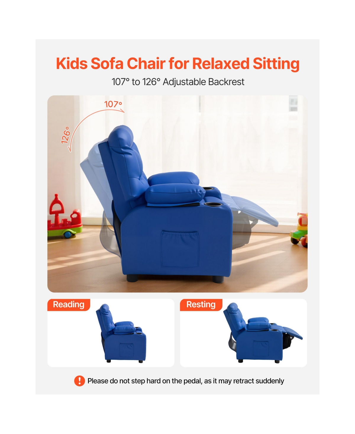 Sugift Kids Reclining Chair with 2 Cup Holders 4 Pockets 107degree(s) to 126degree(s) Adjustable Pu Leather Recliner