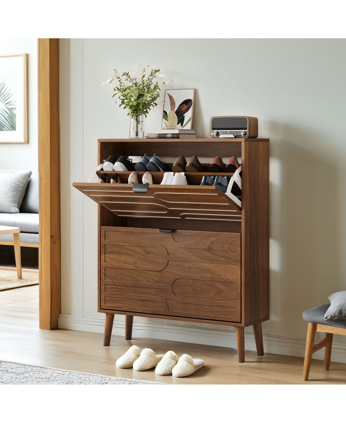 Boyel Living 31.5-Inch Medieval Modern Shoe Storage Cabinet, Freestanding Farmhouse Entryway Organizer with 2 Flip Drawers and Solid Wood Legs